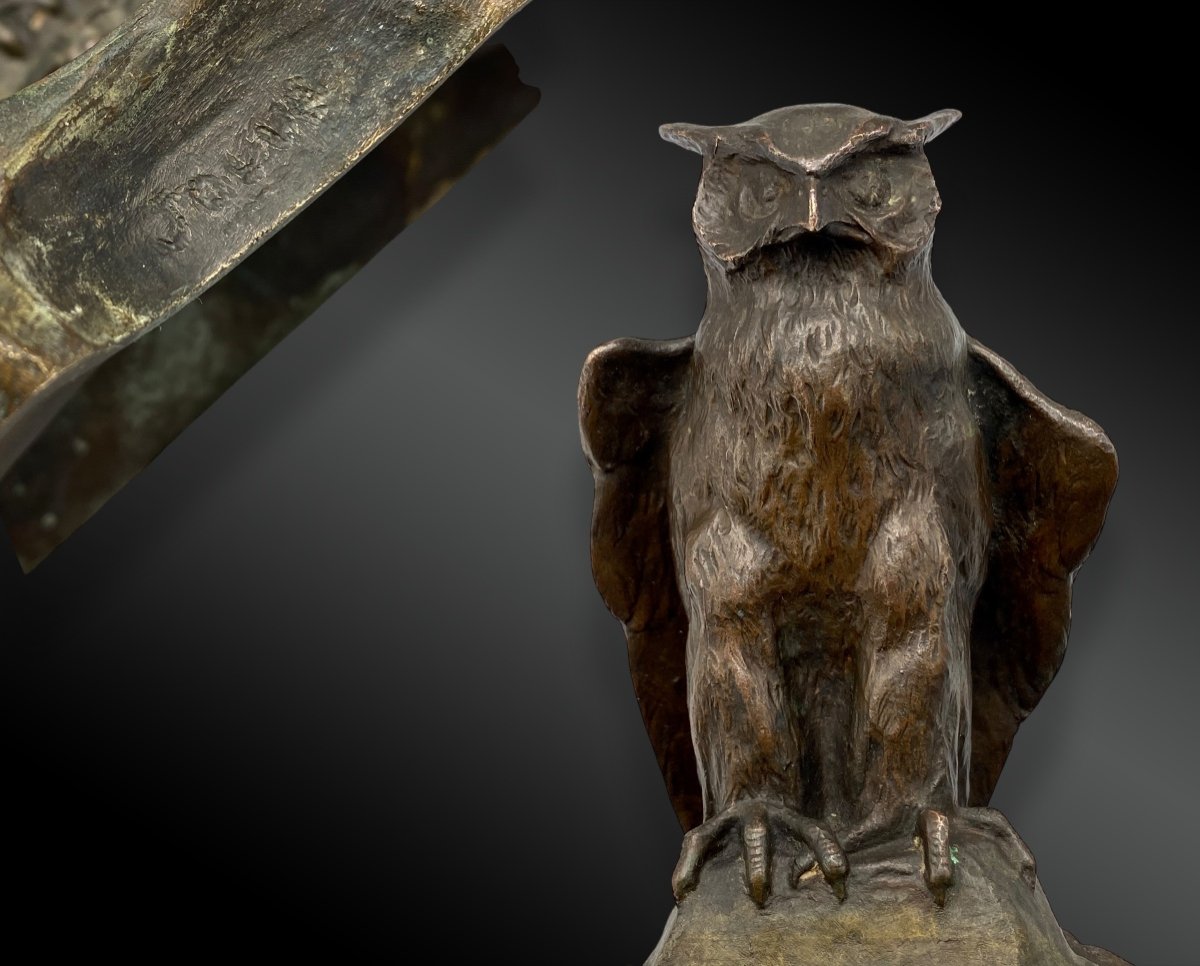 Paul Jouve (1878-1973) Inkwell With Owl - Bronze-photo-3