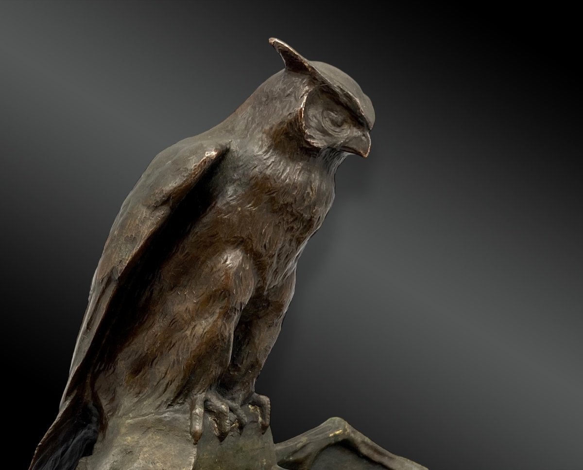 Paul Jouve (1878-1973) Inkwell With Owl - Bronze-photo-4