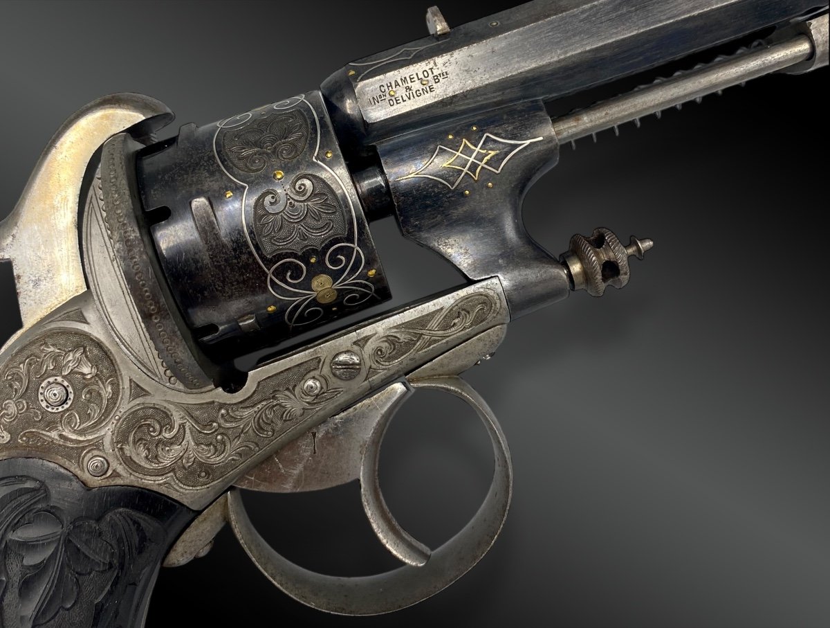 Coffret Nécessaire Avec Un Luxueux Revolver à Broche Chamelot Delvigne. France XIXème Siècle-photo-2