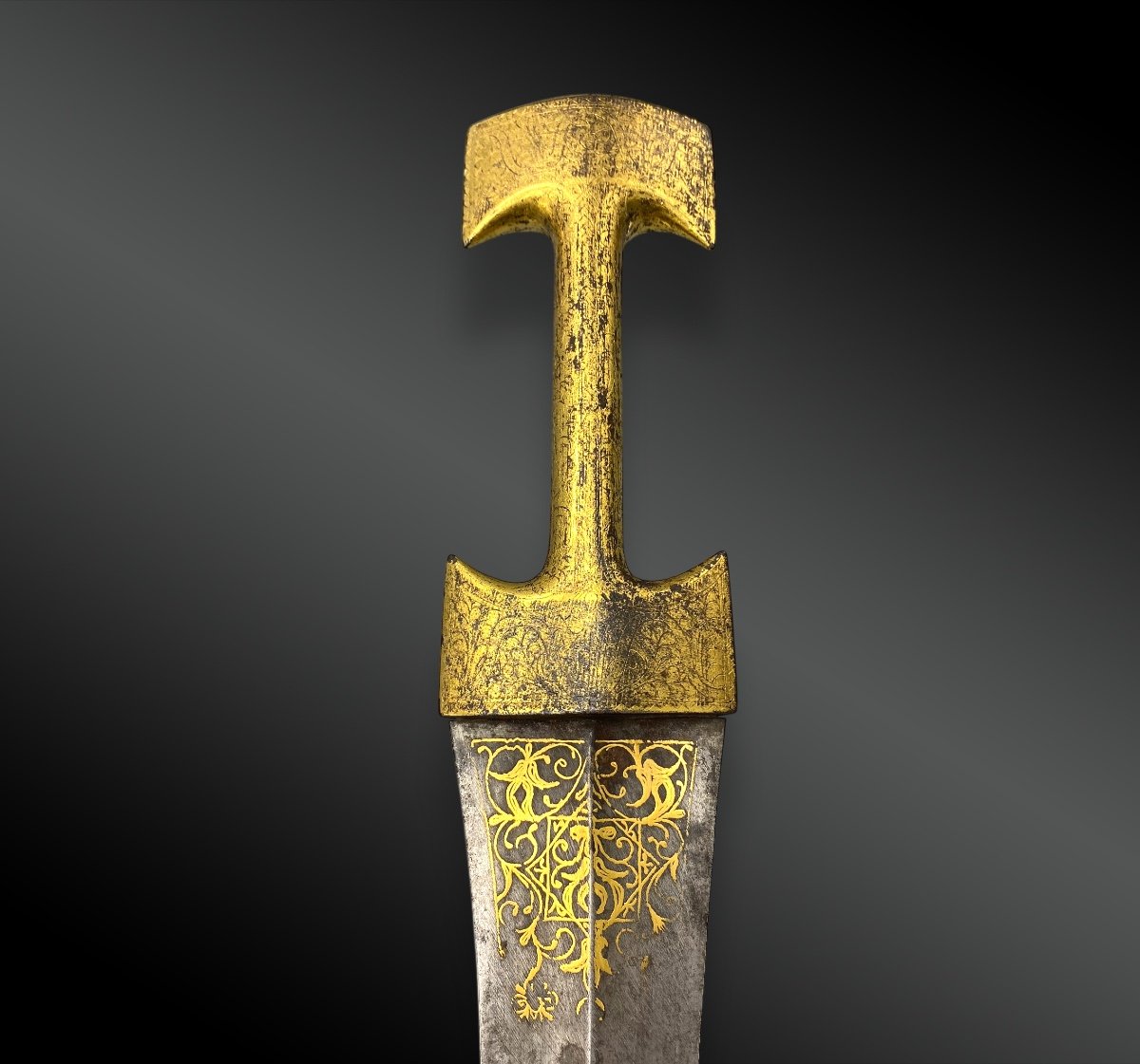 Kandjar Dagger, Gold Damascus With Its Persian Scabbard, 19th Century-photo-2