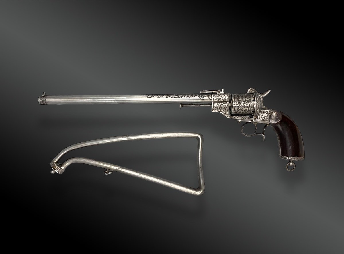 Revolver Carabine Lefaucheux Gravé Par Caron Aqer. De L’empereur. France, XIXème Siècle -photo-2