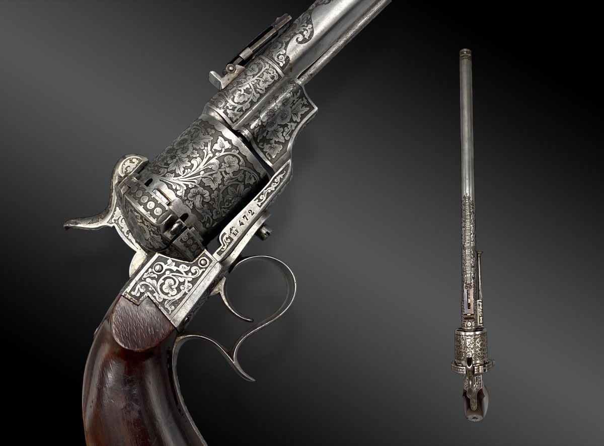 Revolver Carabine Lefaucheux Gravé Par Caron Aqer. De L’empereur. France, XIXème Siècle -photo-3