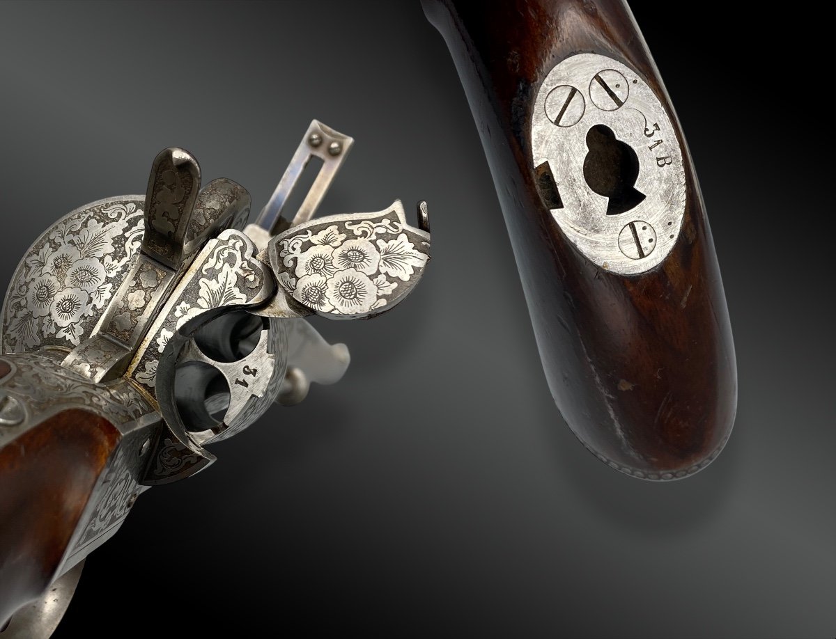 Revolver Carabine Lefaucheux Gravé Par Caron Aqer. De L’empereur. France, XIXème Siècle -photo-2