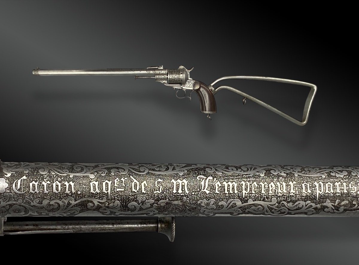 Revolver Carabine Lefaucheux Gravé Par Caron Aqer. De L’empereur. France, XIXème Siècle 