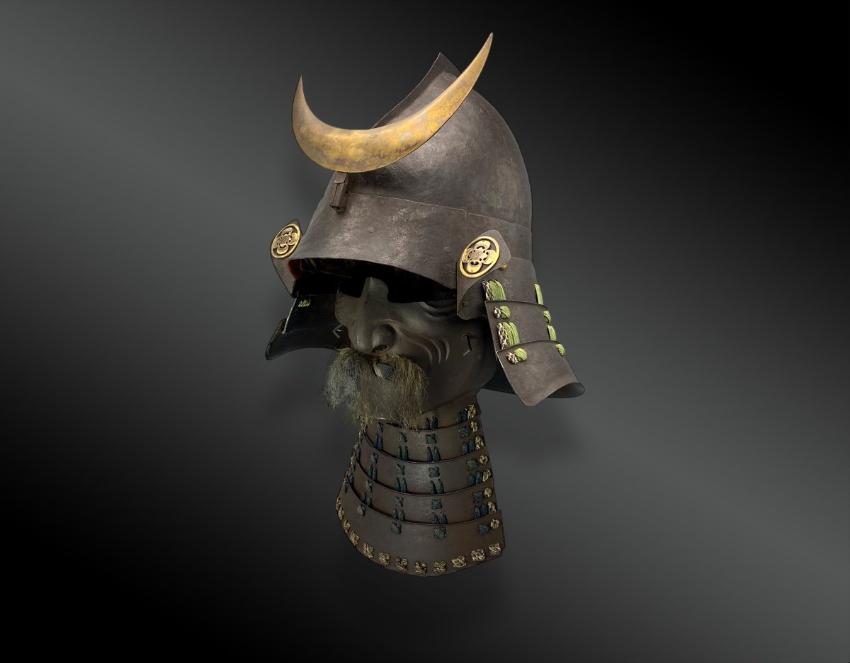 War Helmet Set Called Kabuto With Mempo And Maedaté Moon Type Eboshi Japan Edo Era-photo-2