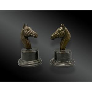 Pair Of Horse Heads; Bronze Sculpture Signed J. Reyol. France 20th Century