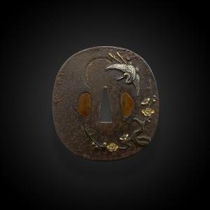 Iron Tsuba, Tate Maru Gata With Stork Motif Japan – Edo Period (1606 – 1868)