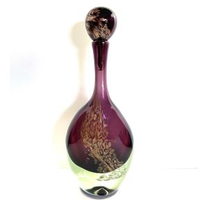 Large Blown Glass Bottle With Gold Sequins By Jean-claude Novaro 44cm