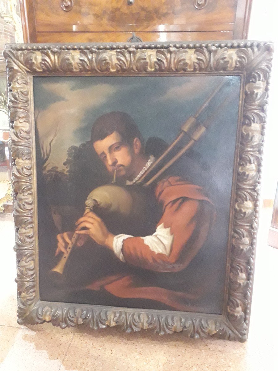 Oil Painting On Canvas Depicting A Bagpiper, 1700s, Olland Manufacture