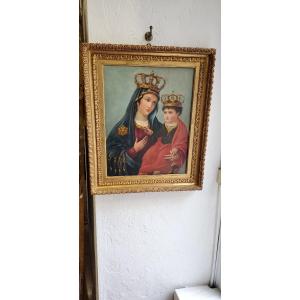 Peinture à l'huile sur toile représentant la Vierge à l'enfant