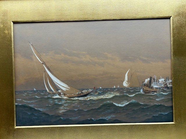 Le Yacth Britannique "Génesta" à l'América's Cup De 1885 Peint Par Frédéric Cuzzens (1846/1928)
