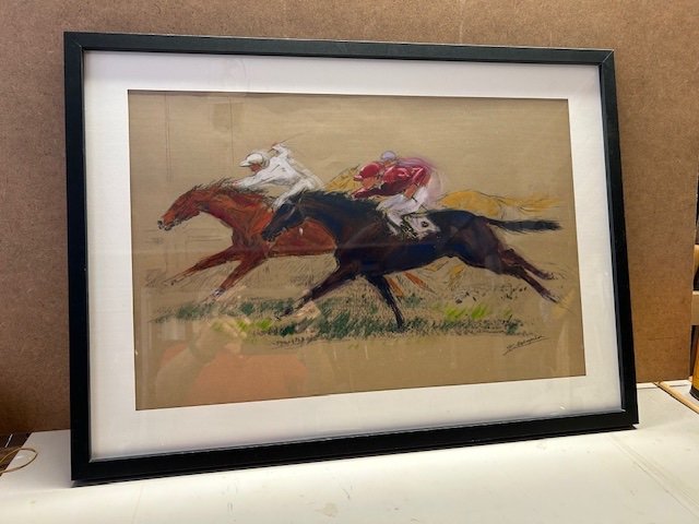Watercolor And Gouache On Paper By .f Malespina (1874-1940) Horse Race "tight Finish"-photo-2