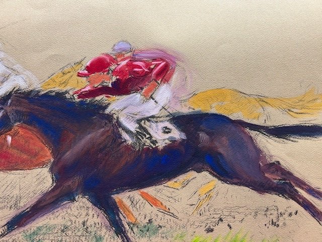 Watercolor And Gouache On Paper By .f Malespina (1874-1940) Horse Race "tight Finish"-photo-3