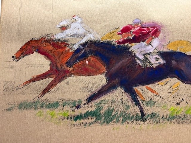 Watercolor And Gouache On Paper By .f Malespina (1874-1940) Horse Race "tight Finish"