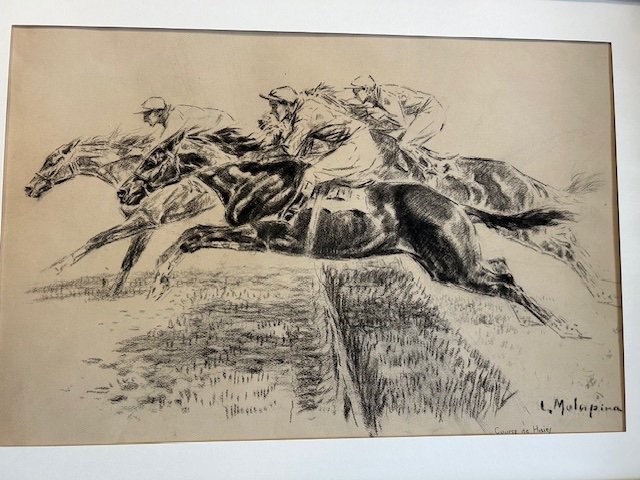 Charcoal Drawing By Louis Malespina Of A Show Jumping Horse Race In The 1930s