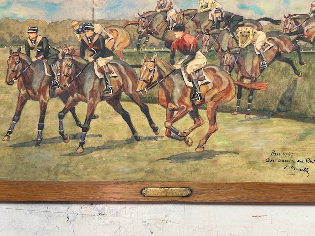 Aquarelle De Eugène Blocaille (1875-1945) "steeple Chase Cross Country à Pau En 1947 .-photo-2