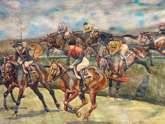 Aquarelle De Eugène Blocaille (1875-1945) "steeple Chase Cross Country à Pau En 1947 .-photo-3