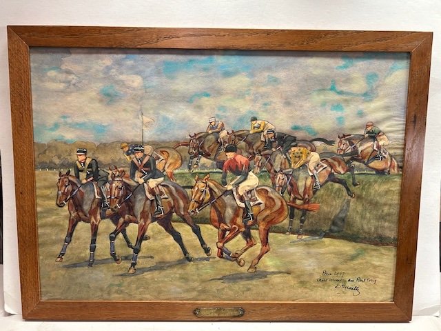 Aquarelle De Eugène Blocaille (1875-1945) "steeple Chase Cross Country à Pau En 1947 .