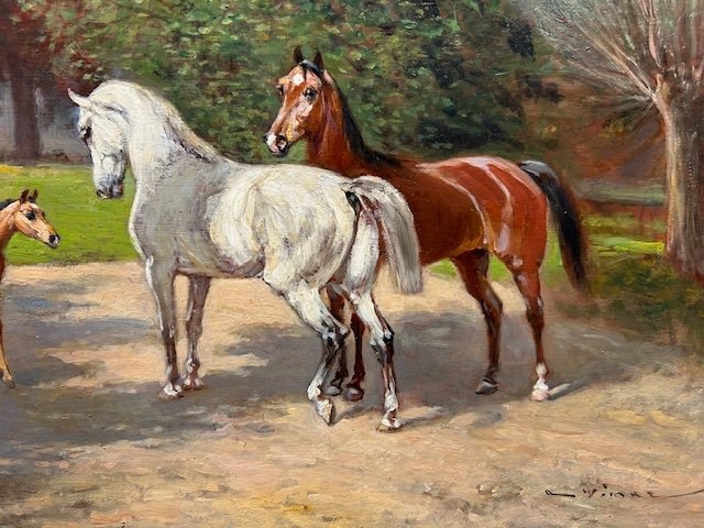 "horses At The Stud Farm" Painting By Auguste Vimar (1851-1916), Oil On Panel.-photo-2