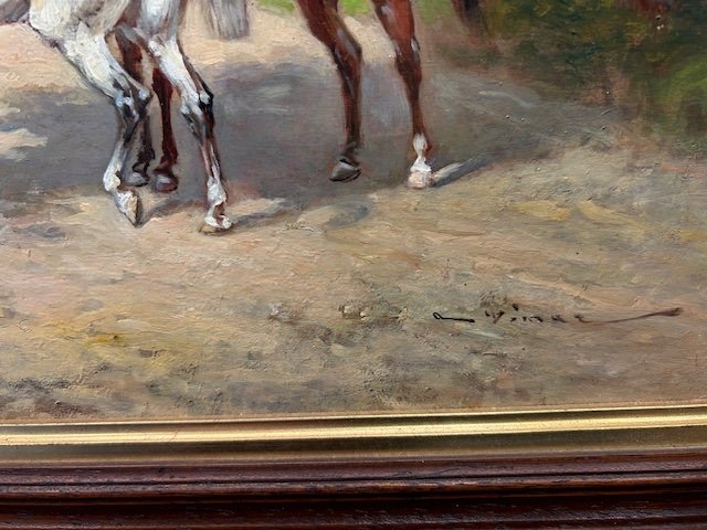 "horses At The Stud Farm" Painting By Auguste Vimar (1851-1916), Oil On Panel.-photo-4