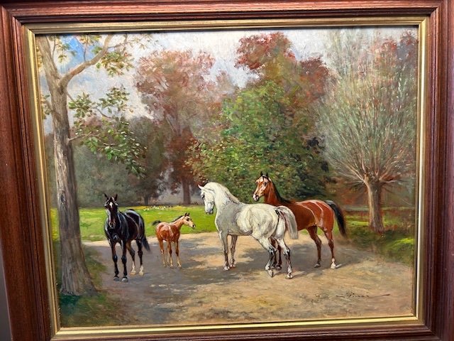 "horses At The Stud Farm" Painting By Auguste Vimar (1851-1916), Oil On Panel.