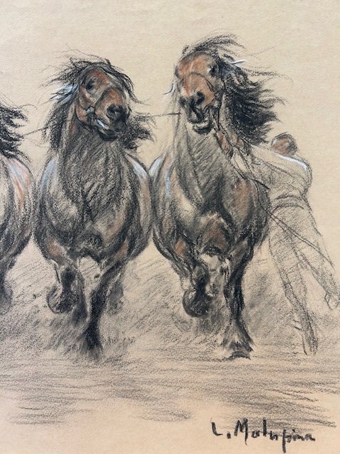 Painting Of Horses, Pastel By Louis Malespina (1874-1940) "presentation Of Draft Stallions"-photo-1