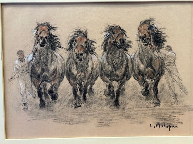 Painting Of Horses, Pastel By Louis Malespina (1874-1940) "presentation Of Draft Stallions"