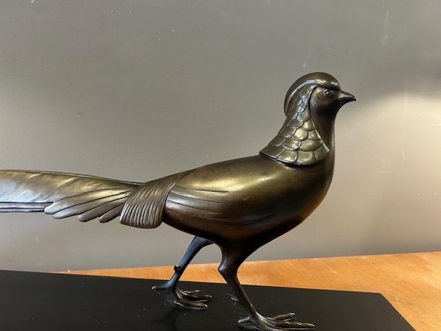 Bronze Sculpture Representing A "golden Pheasant" Art Deco Period And Signed "lorino"-photo-4