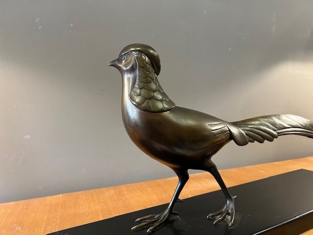 Bronze Sculpture Representing A "golden Pheasant" Art Deco Period And Signed "lorino"-photo-2