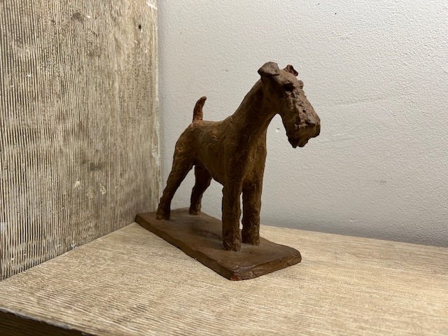 Terracotta Airedale Terrier Dog Statue Made By Richard Fath (1900-1952)-photo-4