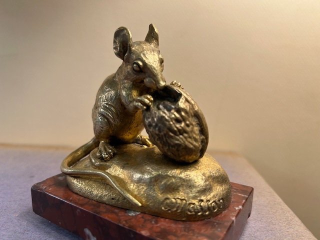 Sculpture d'une Souris en Bronze Doré ,signée Clovis Masson ( 1838-1913 )-photo-3