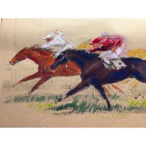 Aquarelle Et Gouache Sur Papier De .F Malespina (1874-1940) Course De Chevaux  "Arrivée Serrée"