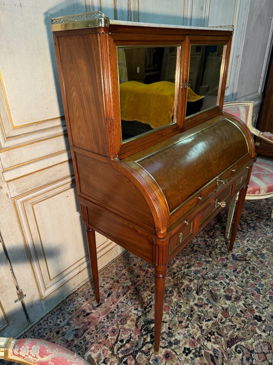 Bureau Cylindre D époque Louis XVI 18 Eme Acajou Et Laiton -photo-3