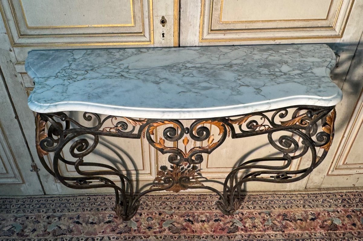 Console In Wrought Iron And Golden Sheet Metal -photo-3