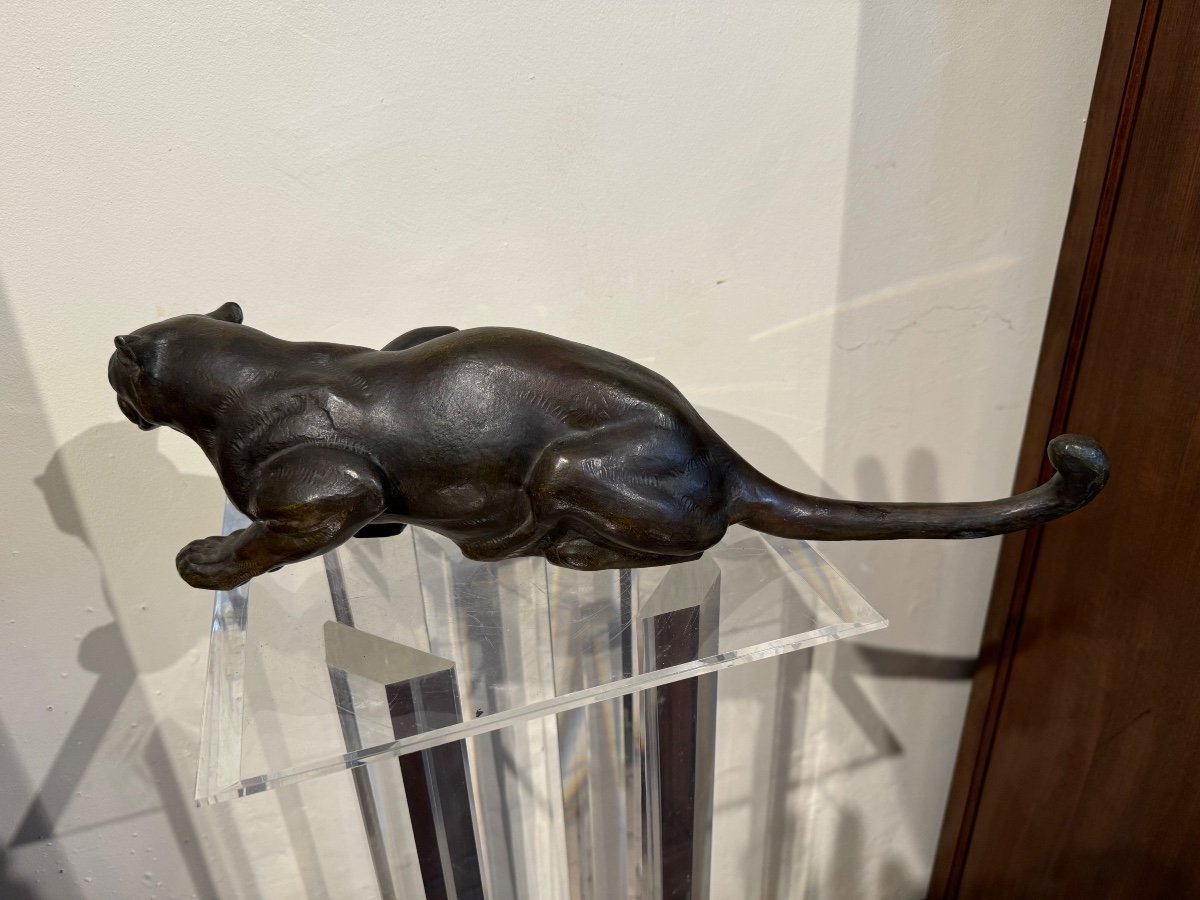 Elongated Panther In Bronze Editor Max Le Verrier Sculptor Meriadec -photo-4