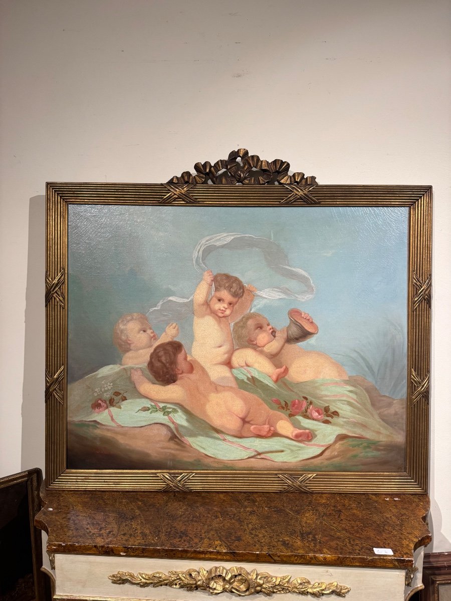 Large Hst Decor Painting With Louis XVI Style Cherubs -photo-2