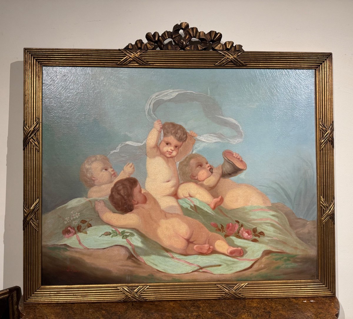 Large Hst Decor Painting With Louis XVI Style Cherubs 