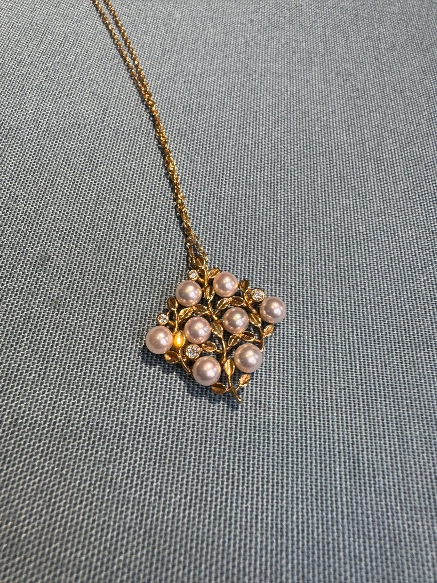 Pendentif Mikimoto Or 18k Perles Fines Diamant Et Sa Chaîne -photo-2