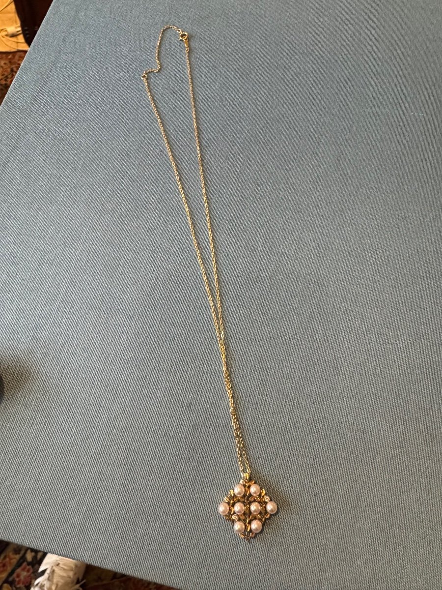 Pendentif Mikimoto Or 18k Perles Fines Diamant Et Sa Chaîne -photo-1