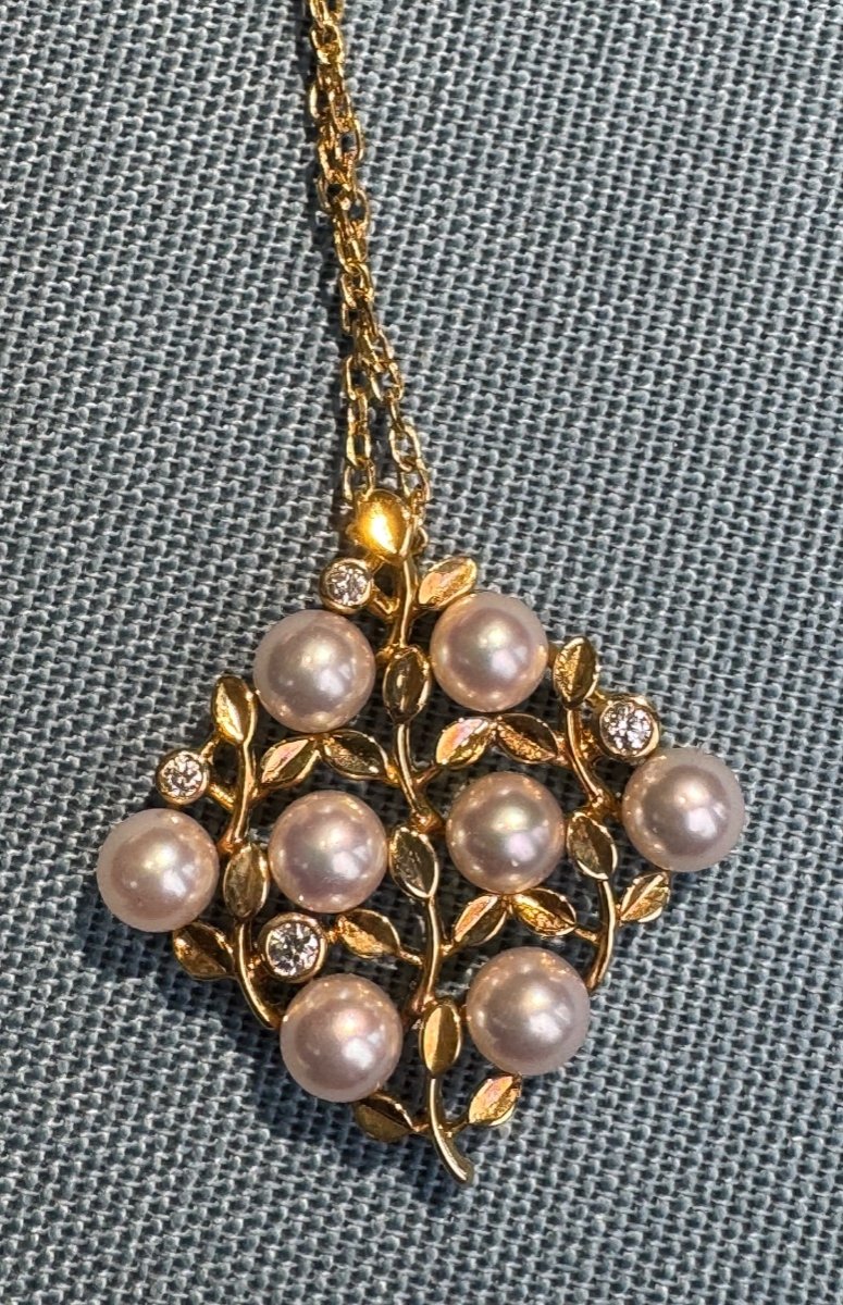 Pendentif Mikimoto Or 18k Perles Fines Diamant Et Sa Chaîne 