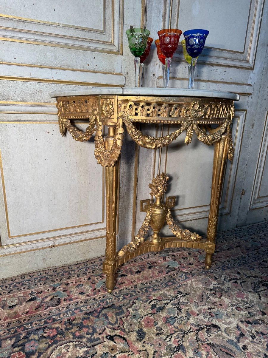 Louis XVI Period Half Moon Console In Carved And Gilded Wood -photo-2