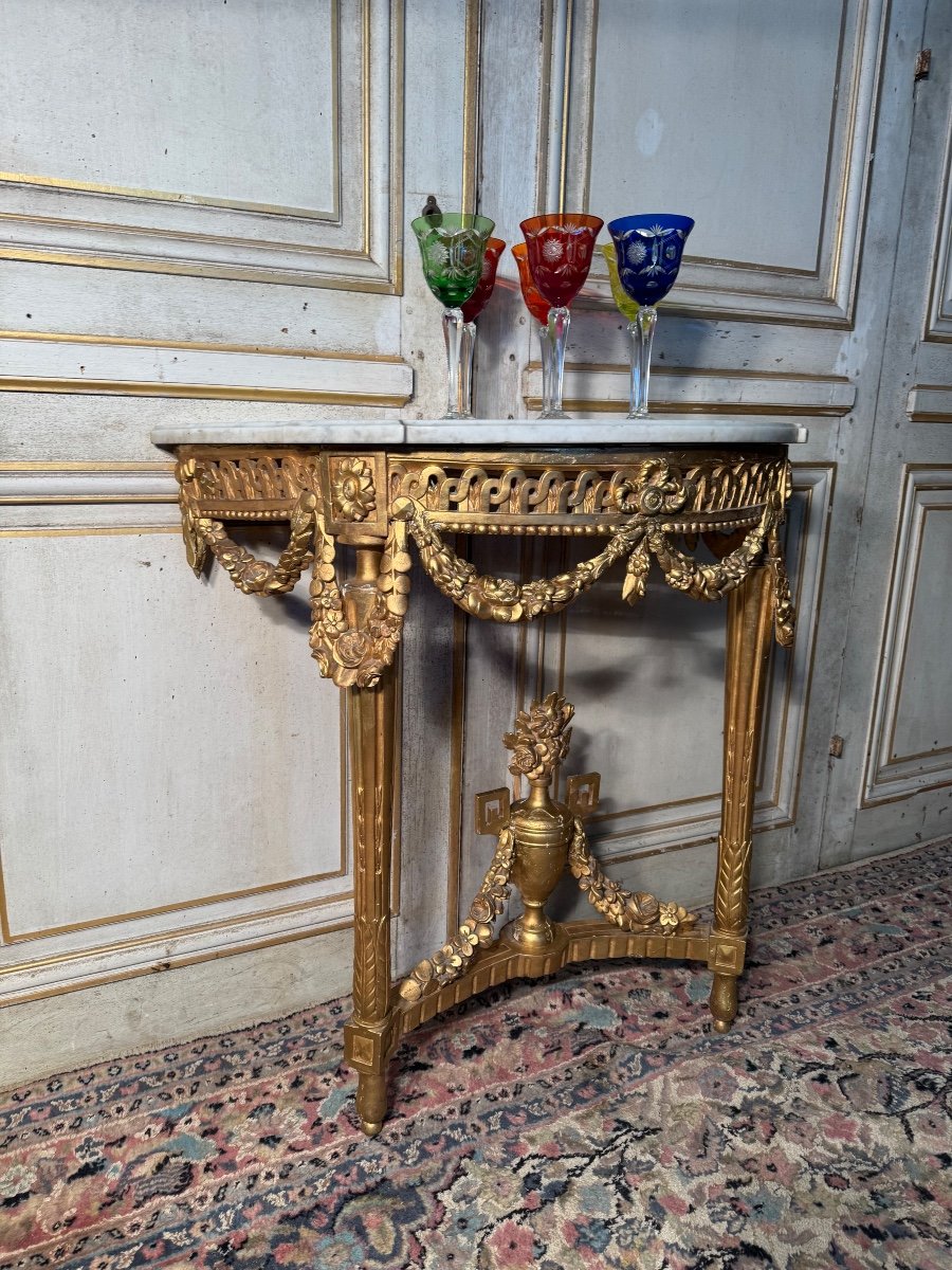 Louis XVI Period Half Moon Console In Carved And Gilded Wood -photo-3