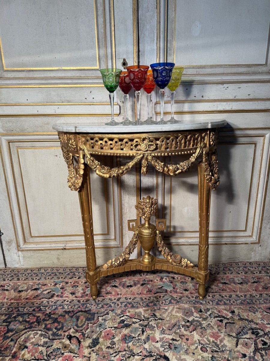 Louis XVI Period Half Moon Console In Carved And Gilded Wood -photo-4