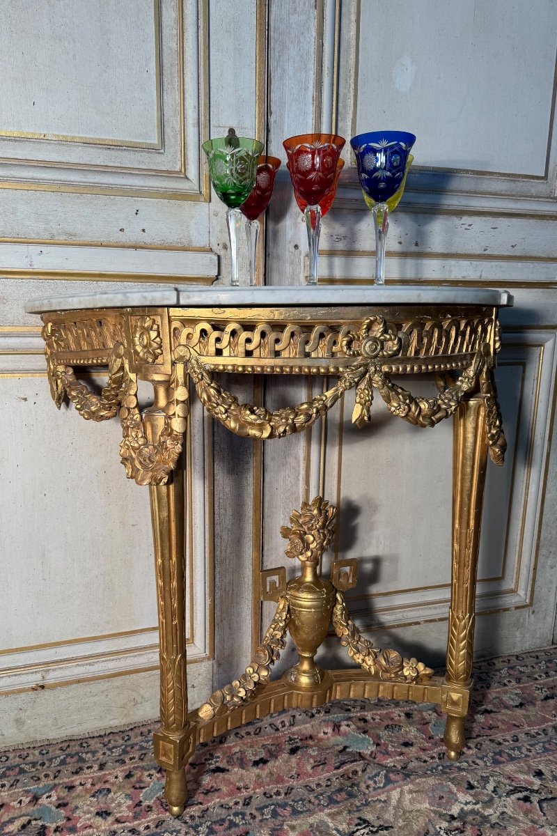 Louis XVI Period Half Moon Console In Carved And Gilded Wood 