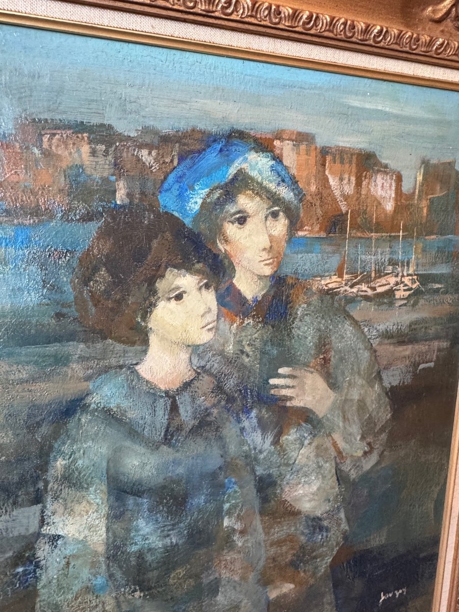 Hst Impressionist Painting By Daniel Jaugey Couple On The Port -photo-2