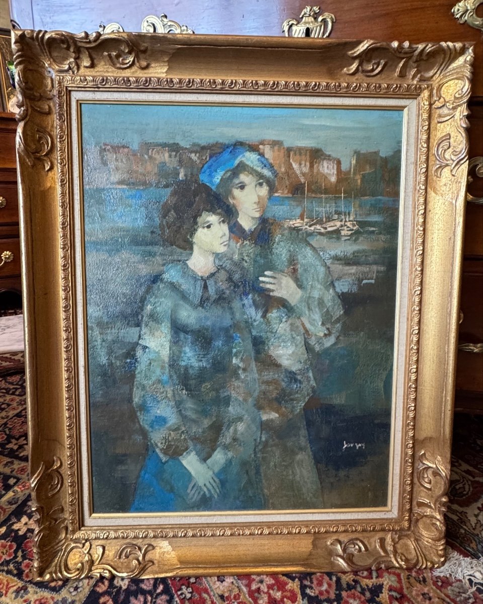 Hst Impressionist Painting By Daniel Jaugey Couple On The Port 