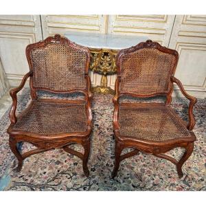 Paire De Fauteuil Louis XV 18 Eme En Canage Avec Coussins 