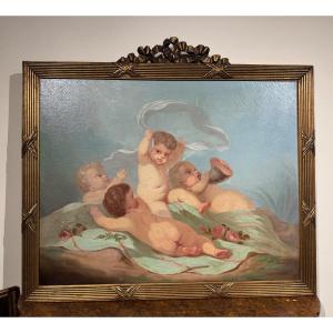 Grand Tableau Hst Decor Au Angelots De Style Louis XVI 