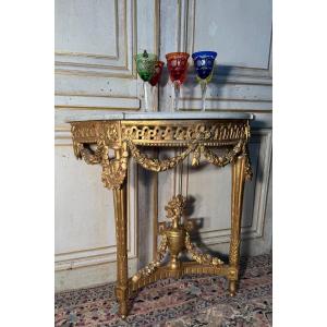 Console Demi Lune D époque Louis XVI En Bois Sculptée Et Doré 