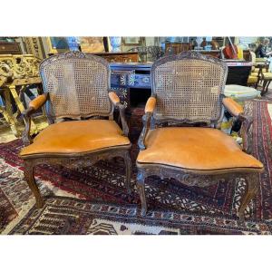 Pair Of Louis XV Armchairs In Cane 18th Century 